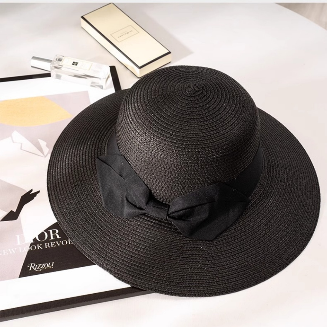 2025New Straw Sun Hat Wide Brim Beach Hat with Black Bow